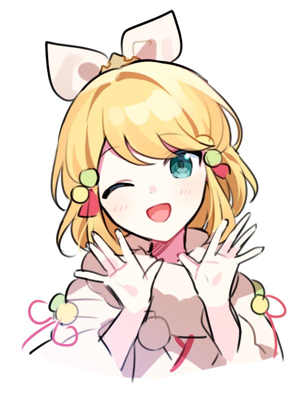 1girl aqua_eyes blonde_hair blush bow cropped_torso fur_collar hair_bow japanese_clothes kagamine_rin kimono official_alternate_costume official_alternate_hairstyle one_eye_closed open_mouth project_sekai shinshun!_shishimai_robo_no_oshougatsu_show!_(project_sekai) short_hair sidelocks smile solo upper_body vocaloid waka_(wk4444) white_bow white_kimono wonderlands_x_showtime_(project_sekai) wonderlands_x_showtime_rin