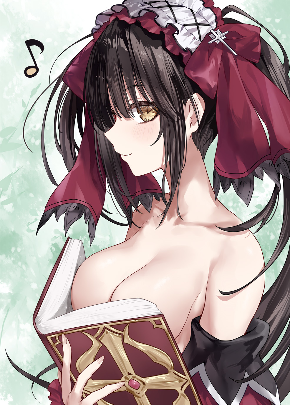 1girl asle bare_shoulders black_hair boobs_in_book_(meme) book breasts clock_eyes closed_mouth collarbone commentary_request date_a_live from_side heterochromia highres holding holding_book large_breasts looking_at_viewer meme musical_note revision smile solo spoken_musical_note symbol-shaped_pupils tokisaki_kurumi tokisaki_kurumi_(spirit) twintails