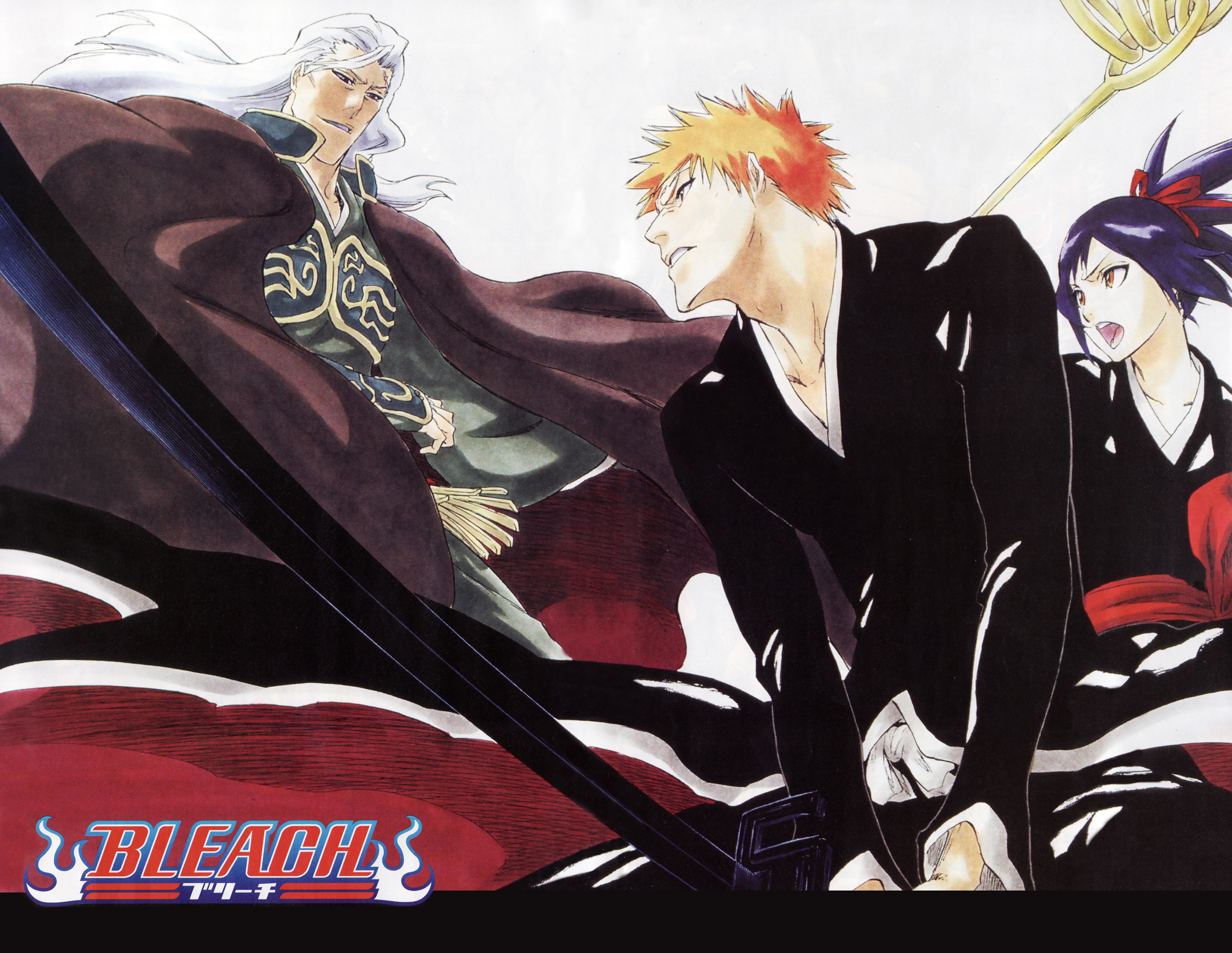 00s 1girl 2006 2boys absurdres angry bankai bleach bleach:_memories_of_nobody bow cape cleaned evil_smile fighting_stance floating_hair ganryuu hair_bow hair_ribbon hair_up high_ponytail highres holding holding_sword holding_weapon japanese_clothes katana kimono kubo_tite kurosaki_ichigo long_hair manly movie_poster multiple_boys obi official_art open_mouth orange_hair ponytail poster_(medium) purple_hair ribbon sash scan senna_(bleach) short_hair smile spiked_hair staff sword weapon white_background white_hair yellow_eyes