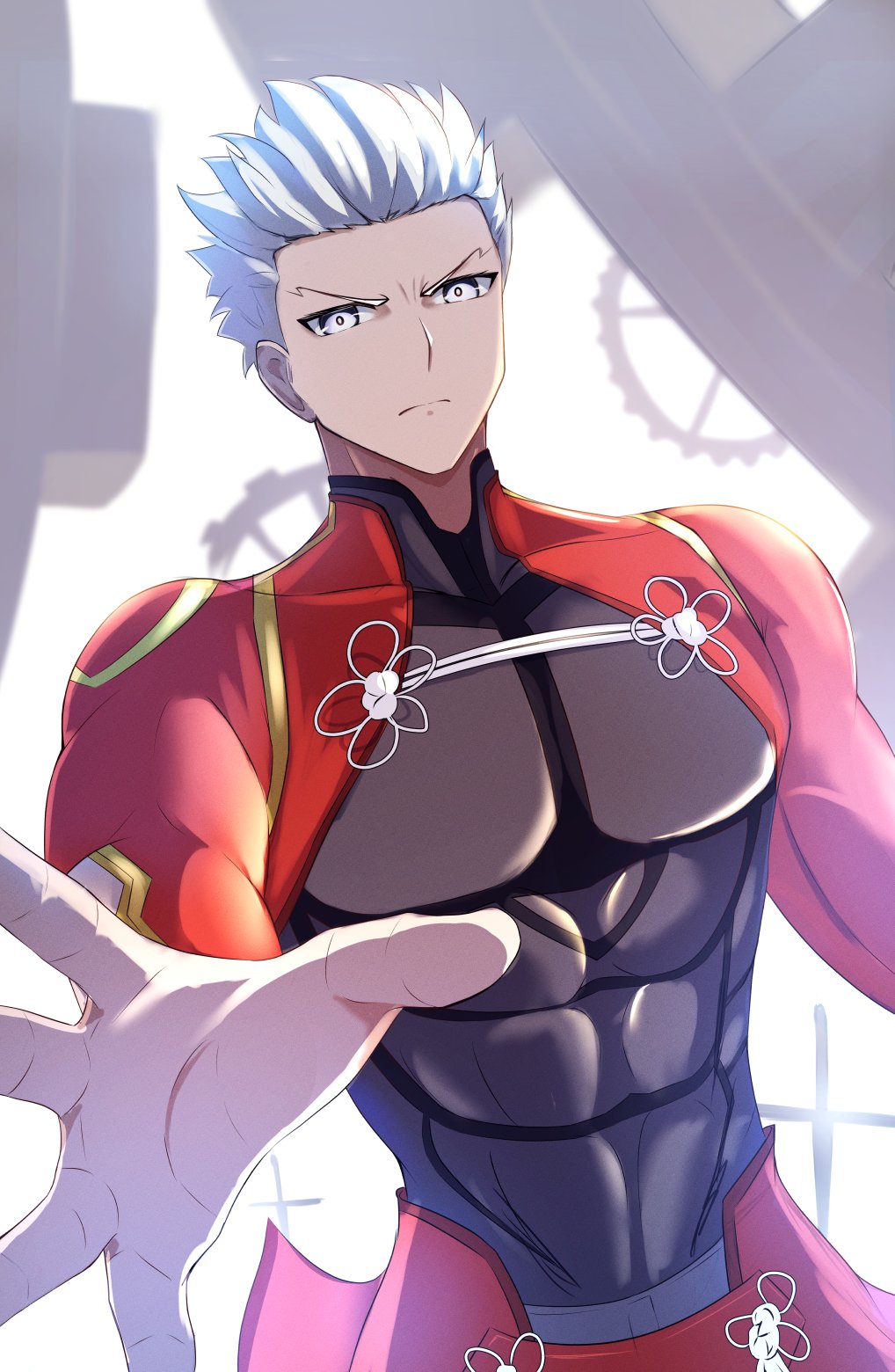1boy archer_(fate) dark-skinned_male dark_skin fate/stay_night fate_(series) field_of_blades gears highres long_hair male_focus short_hair solo umi_endu unlimited_blade_works_(reality_marble) white_hair
