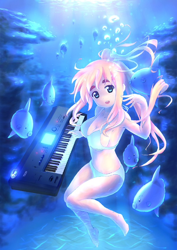 00s 1girl armpits barefoot bikini blonde_hair blue_eyes breasts bubble eyebrows female_focus fish instrument k-on! korg korg_triton kotobuki_tsumugi long_hair ocean_sunfish orita_enpitsu solo swimsuit synthesizer underwater