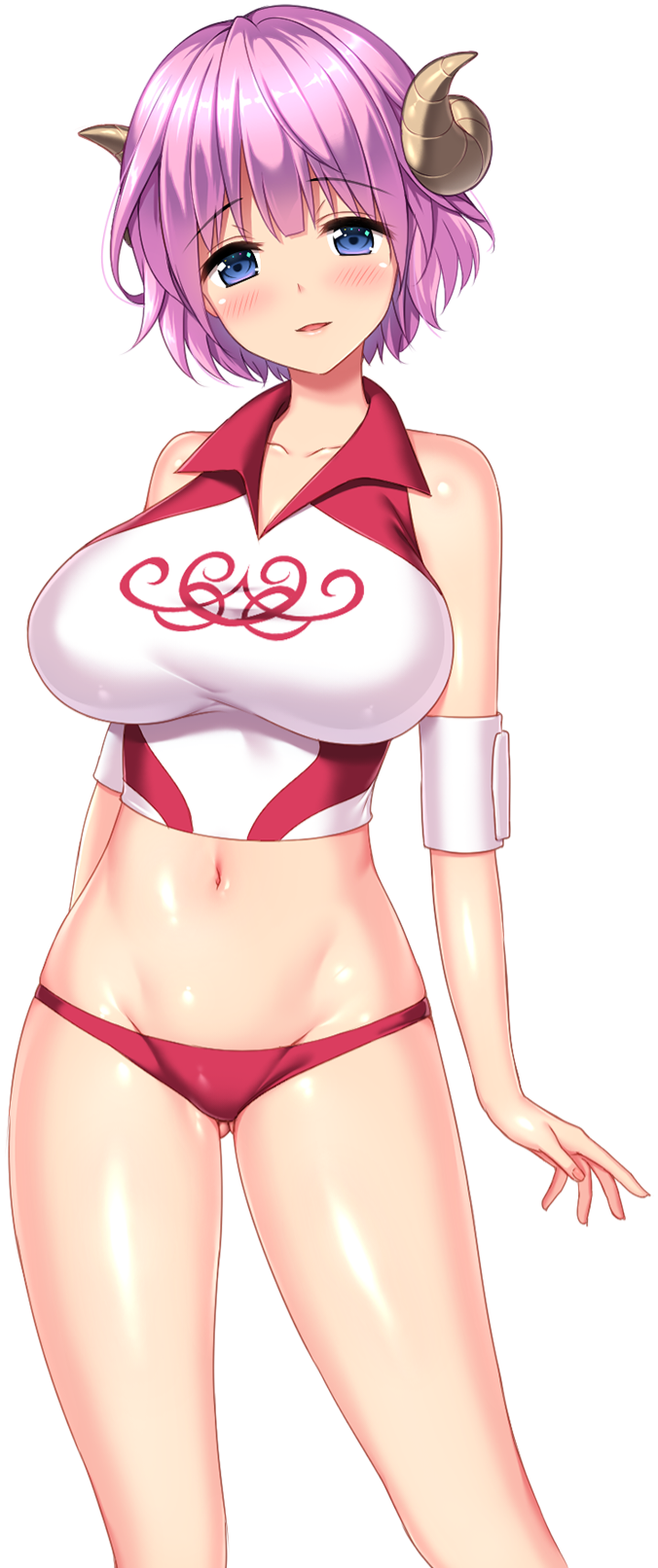 1girl blue_eyes blush breasts buruma collared_shirt crop_top curled_horns demon_girl derauea elbow_pads game_cg gluteal_fold gym_shirt gym_uniform highres horns large_breasts looking_at_viewer milfa_(milk_factory) milk_factory motto!_haramase!_honoo_no_oppai_isekai_ero_mahou_gakuen! navel non-web_source open_mouth pink_hair red_buruma shiny_skin shirt short_hair smile solo sprite_art tachi-e