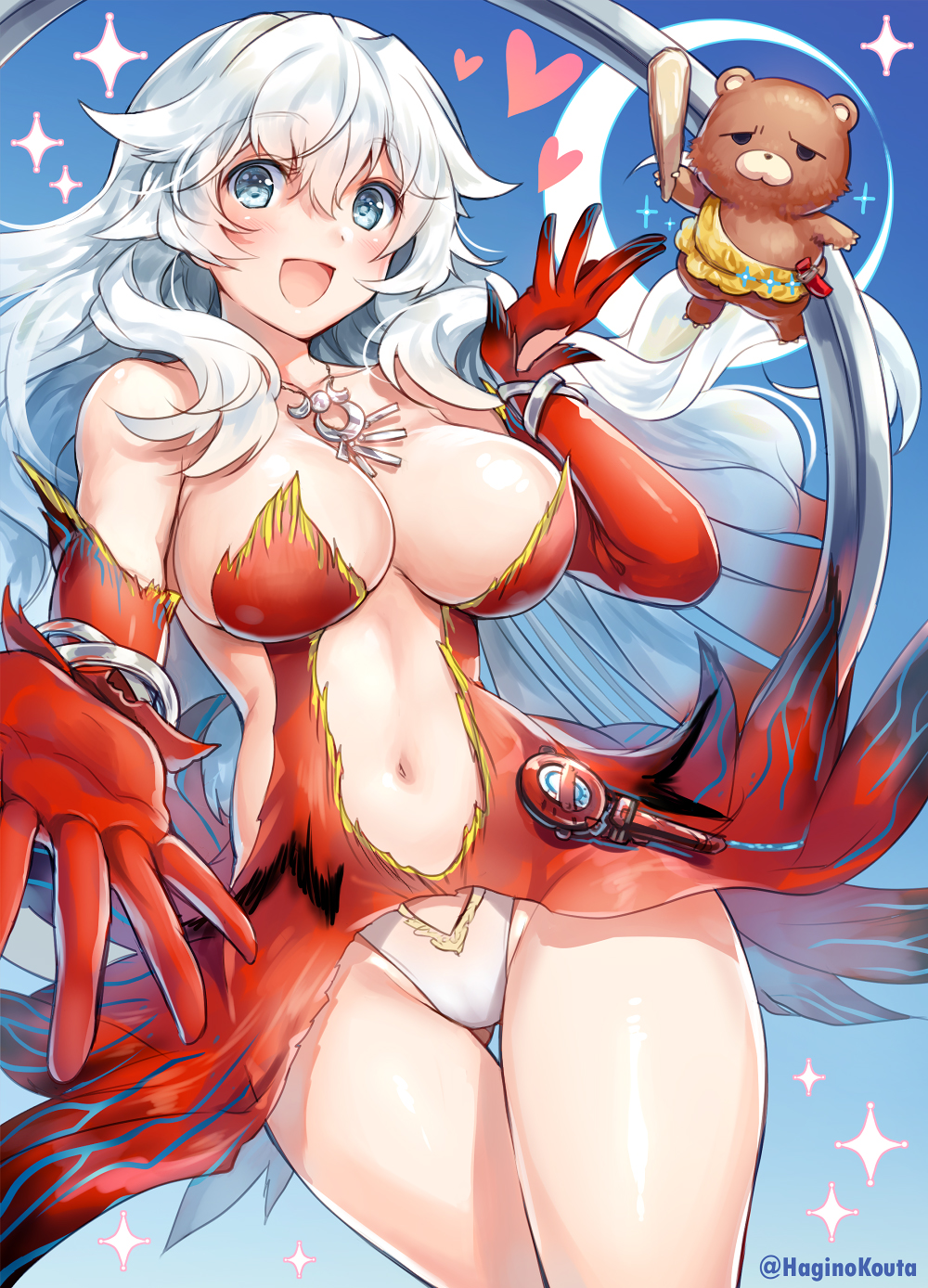 1girl artemis_(fate) artemis_(third_ascension)_(fate) bare_shoulders blue_background blue_eyes blush breasts cleavage club_(weapon) collarbone commentary crescent_moon elbow_gloves fate/grand_order fate_(series) gloves gluteal_fold hagino_kouta hair_between_eyes highres holding large_breasts long_hair looking_at_viewer moon navel orion_(bear)_(fate) red_gloves revealing_clothes silver_hair sparkle thigh_gap twitter_username very_long_hair weapon