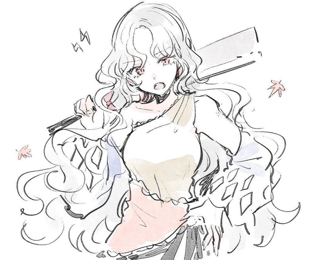 1girl autumn_leaves bow breasts cleaver collarbone commentary detached_sleeves dress hand_on_own_hip hand_up head_tilt holding holding_cleaver holding_weapon leaf lightning_bolt_symbol long_hair long_sleeves looking_at_viewer mozukuzu_(manukedori) open_mouth red_bow red_eyes sakata_nemuno simple_background single-shoulder_dress single_strap sketch touhou two-tone_dress upper_body very_long_hair weapon white_background white_hair wide_sleeves