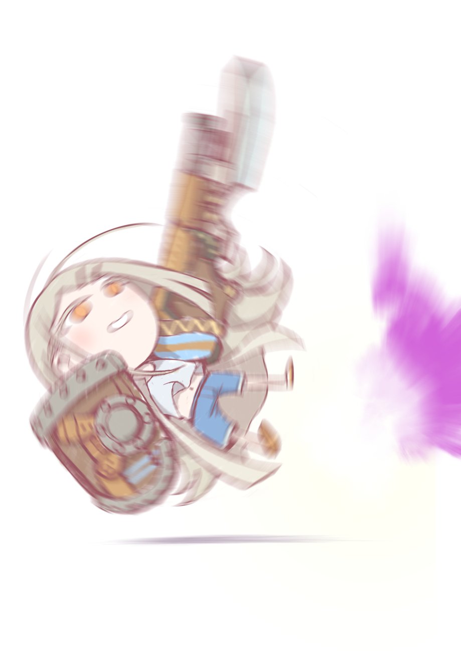 1girl blonde_hair camisole colored_eyelashes denim denim_shorts explosion flipped_hair full_body gakuen_idolmaster gunlance hair_ornament hairclip highres holding holding_shield huge_weapon idolmaster jacket lance long_hair midriff monster_hunter_(series) motion_blur motion_lines navel open_mouth orange_eyes polearm recoil satomura_kyou shield shinosawa_hiro shorts simple_background smile solo stomach weapon white_camisole
