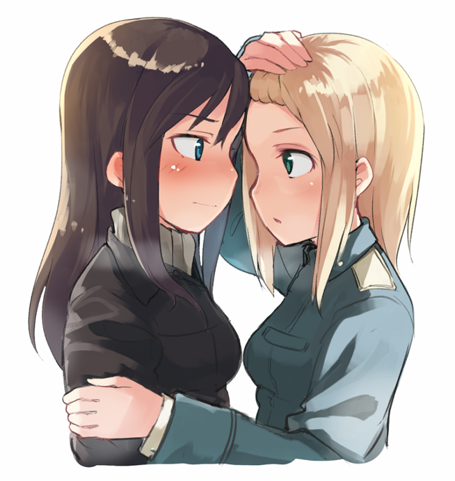 2girls aqua_eyes bad_id bad_pixiv_id blonde_hair blue_eyes blush brown_hair elizabeth_f._beurling elma_leivonen forehead-to-forehead heads_together long_hair military military_uniform multiple_girls open_mouth strike_witches strike_witches:_suomus_misfits_squadron u_(mikaduki0720) world_witches_series yuri