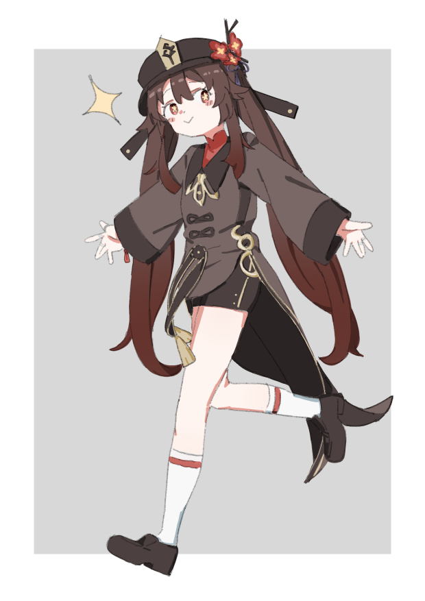 1girl adon_(dufaladanidu) black_hat brown_eyes brown_hair brown_shirt full_body genshin_impact grey_background hat hu_tao_(genshin_impact) long_hair looking_at_viewer shirt shorts simple_background socks solo twitter white_socks
