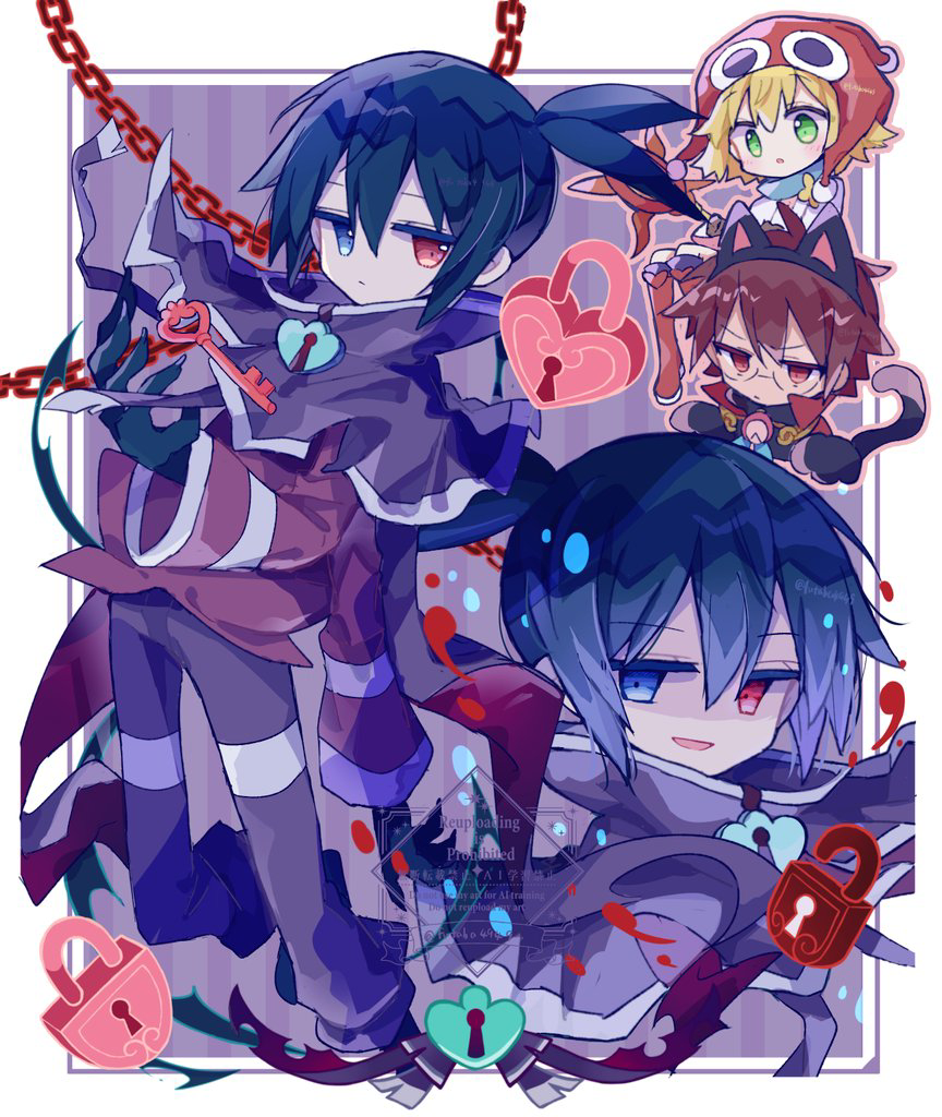 1girl 2boys amitie_(puyopuyo) animal_ears animal_hands arm_at_side bad_anatomy black_sig black_skin blonde_hair blue_eyes blue_hair brown_hair cape capelet cat_ears cat_tail chain closed_mouth colored_skin empty_eyes evil_smile expressionless fake_animal_ears fake_tail full_body futaba969649 glasses gloves green_eyes grey_capelet grey_pants hair_between_eyes hand_up heart-shaped_lock heterochromia klug_(puyopuyo) lock long_sleeves looking_at_viewer male_focus multiple_boys multiple_views outline pale_skin pants paw_gloves pink_outline ponytail purple_shirt puyopuyo puyopuyo_quest red_amitie red_cape red_eyes round_eyewear shaded_face shirt short_hair sig_(puyopuyo) smile strange_klug tail watermark