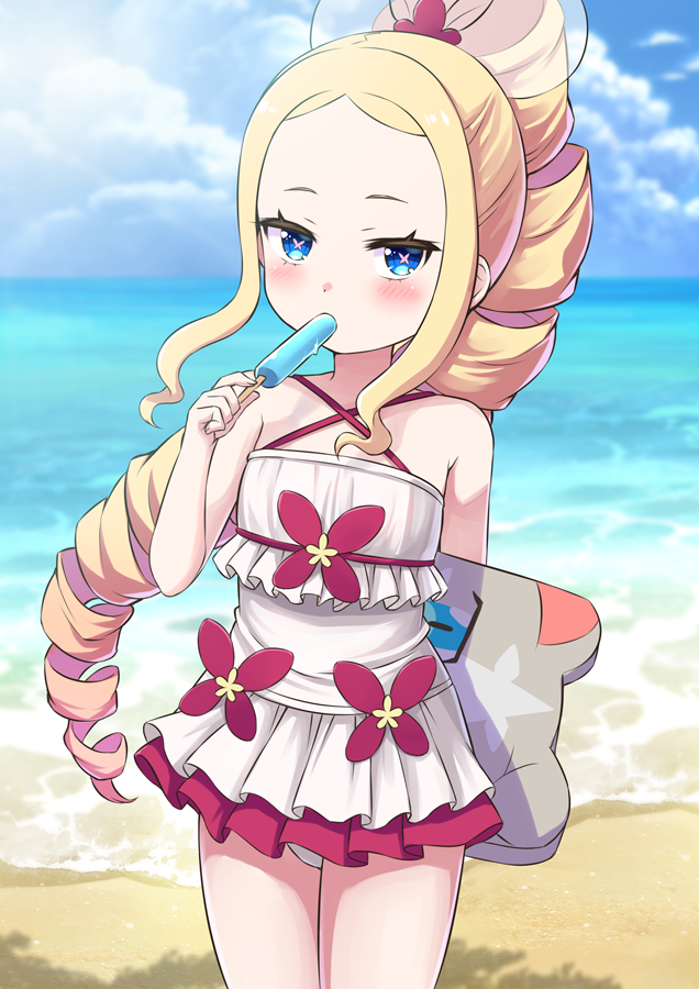 1girl alternate_costume arm_behind_back beach beatrice_(re:zero) blue_eyes blue_sky blush bodyboard character_print commentary_request day drill_hair drill_ponytail ean food food_in_mouth frilled_one-piece_swimsuit frills holding holding_behind_back holding_food holding_popsicle holding_surfboard long_hair looking_at_viewer ocean one-piece_swimsuit outdoors pink_pupils popsicle popsicle_in_mouth puck_(re:zero) re:zero_kara_hajimeru_isekai_seikatsu re:zero_kara_hajimeru_isekai_seikatsu:_lost_in_memories s_(hdru2332) sky solo standing surfboard swimsuit symbol-shaped_pupils water