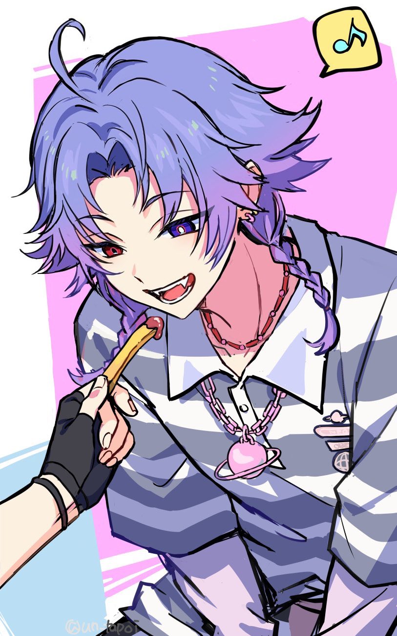 18trip 1boy ahoge black_gloves braid collared_shirt commentary disembodied_hand ear_piercing earrings fangs feeding fingerless_gloves food french_fries gloves heterochromia highres holding holding_food jewelry leaning_forward male_focus multiple_earrings musical_note necklace open_mouth parted_bangs piercing planet planet_necklace purple_hair saturn_(planet) shirt side_braid simple_background solo speech_bubble spiked_hair spoken_musical_note striped_clothes striped_shirt teeth tongue twitter_username un_tapoi yowa_netaro