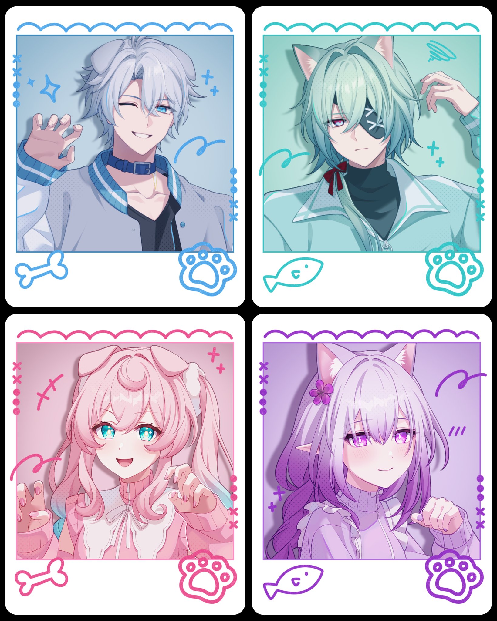 2boys 2girls anaxa_(honkai:_star_rail) animal_ear_fluff animal_ears aqua_eyes aqua_hair aqua_jacket black_shirt blue_background blue_collar blue_eyes blue_hair bow castorice_(honkai:_star_rail) cat_boy cat_ears closed_mouth collar dog_boy dog_ears eyepatch flower green_background grey_hair grey_jacket hair_between_eyes hair_flower hair_ornament highres honkai:_star_rail honkai_(series) hyacine_(honkai:_star_rail) jacket long_hair long_sleeves looking_at_viewer male_focus multicolored_eyes multicolored_hair multiple_boys multiple_girls neck_tattoo one_eye_closed open_mouth phainon_(honkai:_star_rail) pink_hair pink_nails pink_sweater pochimaru_(marumaru_wanwan) pointy_ears purple_eyes purple_hair purple_sweater red_bow shirt short_hair simple_background smile sweater tattoo teeth twintails two-tone_eyes two-tone_hair white_hair