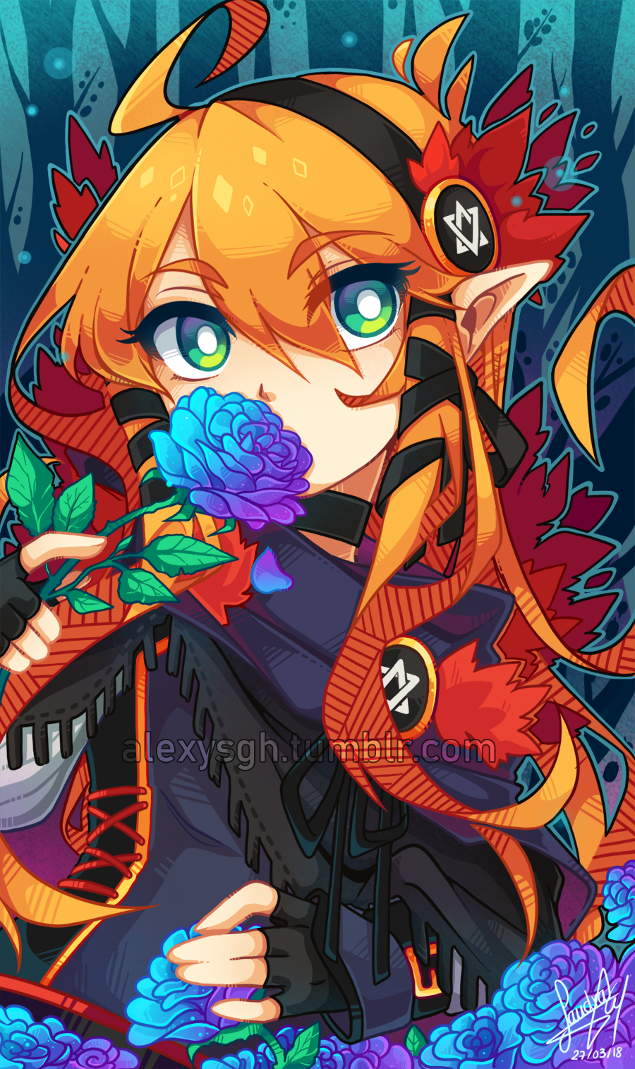 1girl autumn_leaves black_gloves black_hairband blue_flower blue_rose commentary dated double-parted_bangs english_commentary fingerless_gloves flower flower_over_mouth flower_to_mouth gloves grey_cloak hairband highres holding holding_flower leaf long_hair looking_at_flowers looking_at_viewer maple_leaf orange_hair original petals pointy_ears rose sandragh signature smelling smelling_flower solo tree upper_body very_long_hair watermark