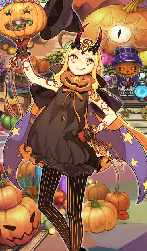 1girl arm_above_head arm_markings arm_tattoo bare_arms black_bow black_dress black_pantyhose bow breasts candy cape closed_mouth commentary contrapposto crossed_ankles dress fang fang_out fate/grand_order fate_(series) feet_out_of_frame food frilled_gloves frills gazer_(fate) gloves halloween hand_on_own_hip hat hidari_(left_side) holding holding_pumpkin horn_bow horn_ornament horns ibaraki_douji_(fate) ibaraki_douji_(festival_outfit)_(fate) jack-o&#039;-lantern lollipop long_hair marking_on_cheek multicolored_cape official_art orange_cape orange_gloves orange_ribbon outdoors pantyhose pinstripe_pantyhose puffy_dress pumpkin purple_cape red_tattoo ribbon sidelocks sleeveless sleeveless_dress small_breasts smile solo star_(symbol) tattoo third-party_source unworn_hat unworn_headwear witch_hat wrist_ribbon yellow_eyes