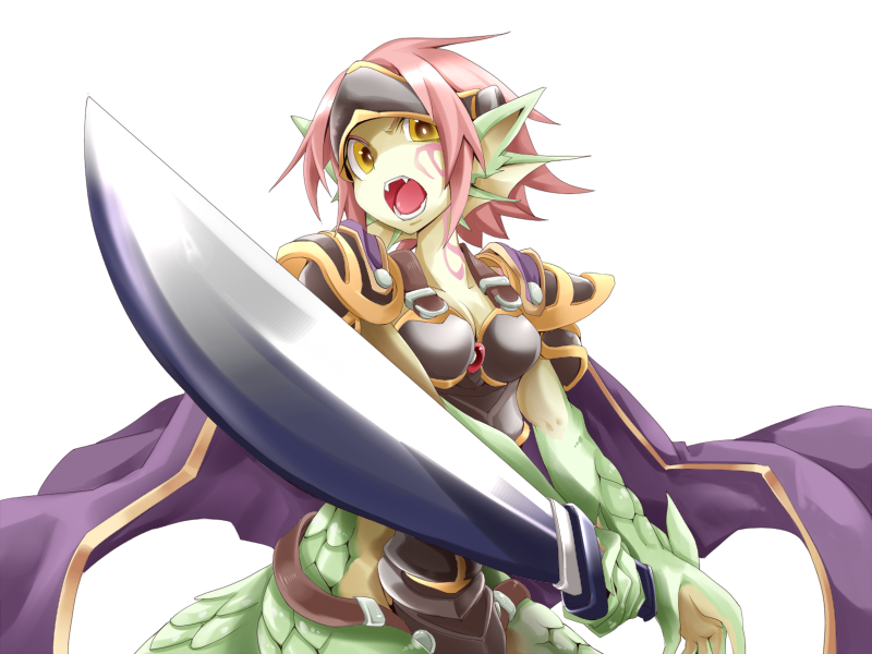1girl animal_ears armor black_armor bmp-to-png_conversion breasts cape cleavage colored_skin cowboy_shot dragon_ears dragon_girl dragon_tail facial_tattoo fangs fighting_stance fins floating_cape forehead_protector frfr game_cg granberia green_skin hair_intakes head_fins holding holding_sword holding_weapon looking_at_viewer medium_breasts mon-musu_quest! monster_girl multicolored_skin neck_tattoo non-web_source open_mouth pointy_ears purple_cape red_hair scales short_hair shoulder_armor simple_background solo sword tail tattoo teeth tongue transparent_background two-handed_sword two-tone_skin v-shaped_eyebrows weapon wide_hips yellow_eyes yellow_skin