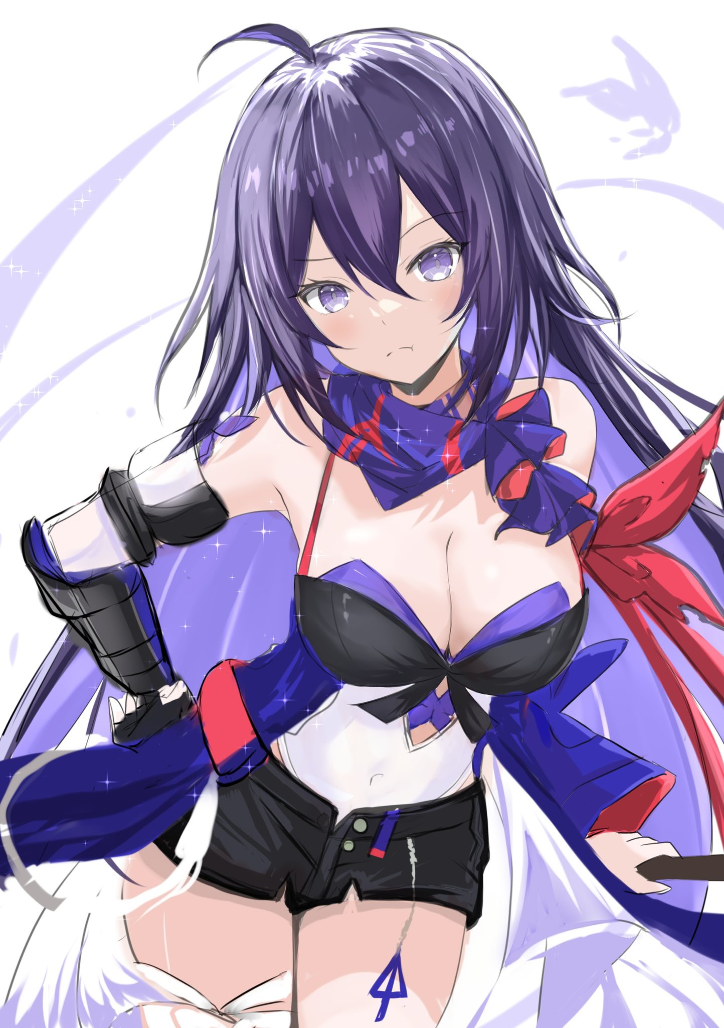 1girl ahoge black_gloves black_shorts breasts cleavage commentary_request covered_navel elbow_gloves gloves highres honkai:_star_rail honkai_(series) large_breasts leg_tattoo leotard leotard_under_clothes long_hair purple_eyes purple_hair seele_(honkai:_star_rail) shorts simple_background single_glove solo tattoo thighs translation_request unifox0123 very_long_hair white_background white_leotard