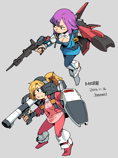 2016 2girls artist_name beam_rifle blonde_hair breasts cleavage cleavage_cutout clothing_cutout dated dress elle_vianno energy_gun female_focus full_body gundam gundam_mk_ii gundam_zz hounori jacket long_hair m1_bazooka mecha_musume multiple_girls ponytail purple_hair rocket_launcher roux_louka shield simple_background sweat weapon wings zeta_gundam_(mobile_suit)