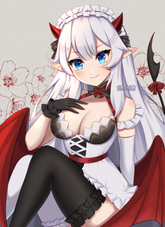 1girl artist_name asymmetrical_gloves asymmetrical_legwear black_gloves blue_eyes bow breasts cleavage commentary demon_girl demon_horns demon_tail elbow_gloves english_commentary gloves gumae hand_on_own_chest horns indie_virtual_youtuber maid_headdress medium_breasts mismatched_gloves mismatched_legwear pointy_ears red_bow single_elbow_glove sitting smile solo tail tail_bow tail_ornament thighhighs vei_(vtuber) vei_(vtuber)_(4th_costume) virtual_youtuber white_gloves white_hair