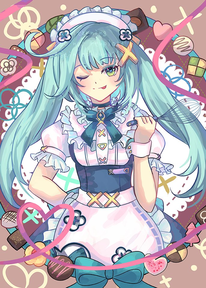 1girl ;p apron aqua_eyes blue_bow blue_bowtie blue_dress bow bowtie breasts brown_background candy commentary_request cowlick cropped_torso dress faruzan_(genshin_cafe_in_seoul)_(genshin_impact) faruzan_(genshin_impact) food frilled_apron frills genshin_impact green_eyes hair_ornament hand_on_own_hip hand_up holding holding_whisk long_hair maid_apron maid_headdress maron_star official_alternate_costume one_eye_closed small_breasts solo symbol-shaped_pupils tongue tongue_out triangle-shaped_pupils twintails very_long_hair waist_apron whisk white_sleeve_cuffs x_hair_ornament