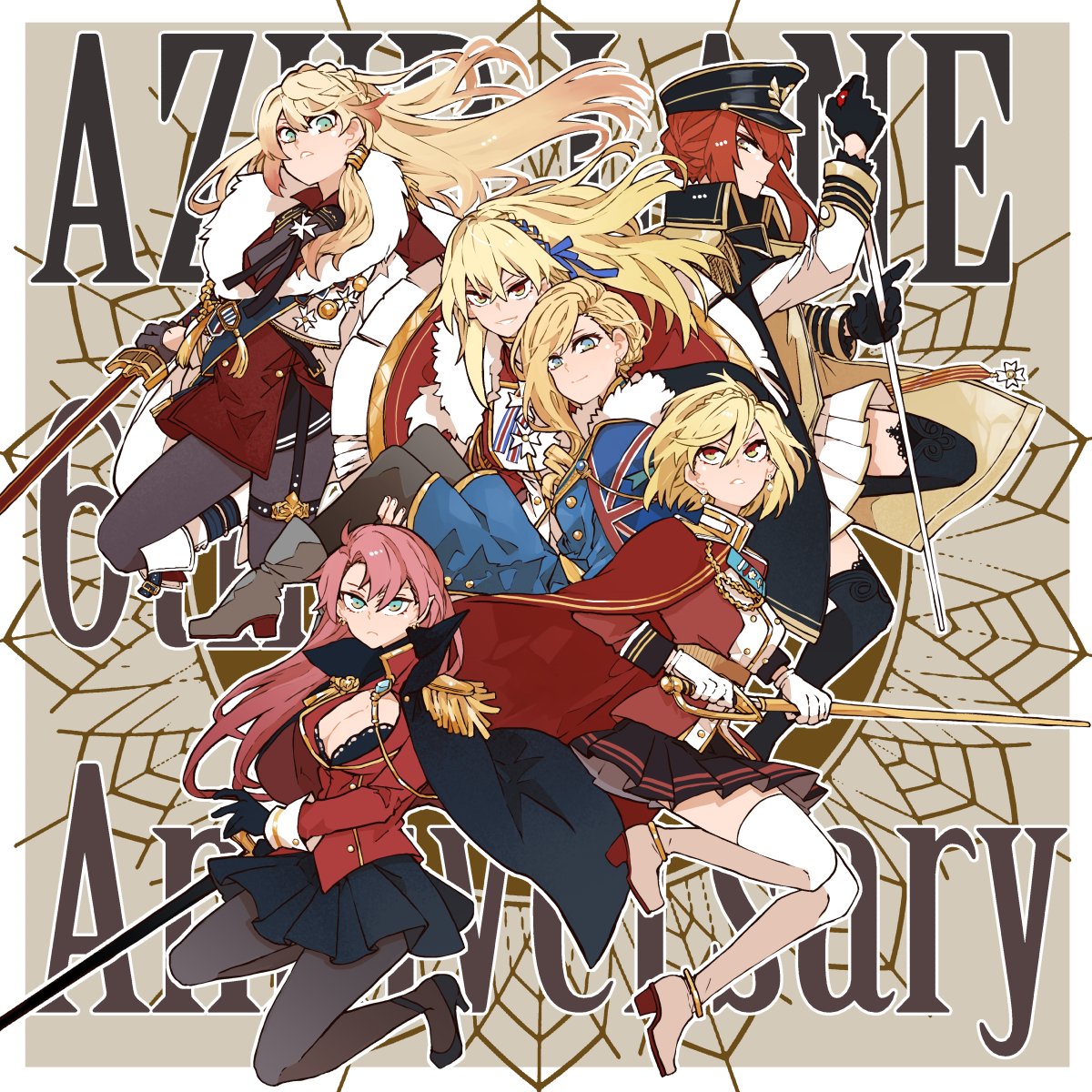 6+girls aiguillette anniversary asuka_(junerabitts) azur_lane black_cape black_gloves black_headwear black_pantyhose black_skirt black_thighhighs blonde_hair blue_eyes cape carrying coat duke_of_york_(azur_lane) fur-trimmed_coat fur_trim gloves hair_between_eyes hat highres holding holding_sword holding_weapon hood_(azur_lane) howe_(azur_lane) king_george_v_(azur_lane) long_hair long_sleeves military_uniform monarch_(azur_lane) multiple_girls pantyhose peaked_cap pink_hair pleated_skirt prince_of_wales_(azur_lane) princess_carry red_cape red_hair skirt sword thighhighs weapon white_gloves white_thighhighs