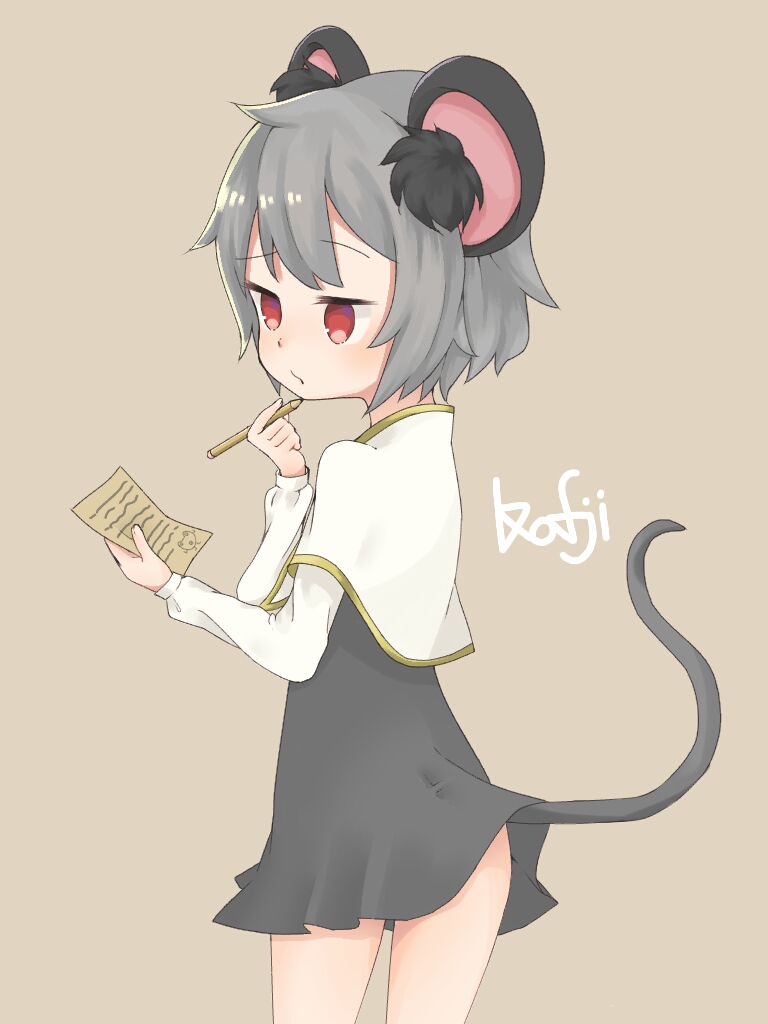 1girl animal_ear_fluff animal_ears capelet chanpuru_(nicoseiga_67544477) character_name commentary_request cookie_(touhou) cowboy_shot dress grey_background grey_dress grey_hair hide_(acceed) holding holding_paper holding_pencil kofji_(cookie) long_sleeves manatsu_no_yo_no_inmu mouse_ears mouse_girl mouse_tail nazrin open_mouth paper pencil red_eyes shirt short_dress short_hair simple_background solo tail touhou white_capelet white_shirt
