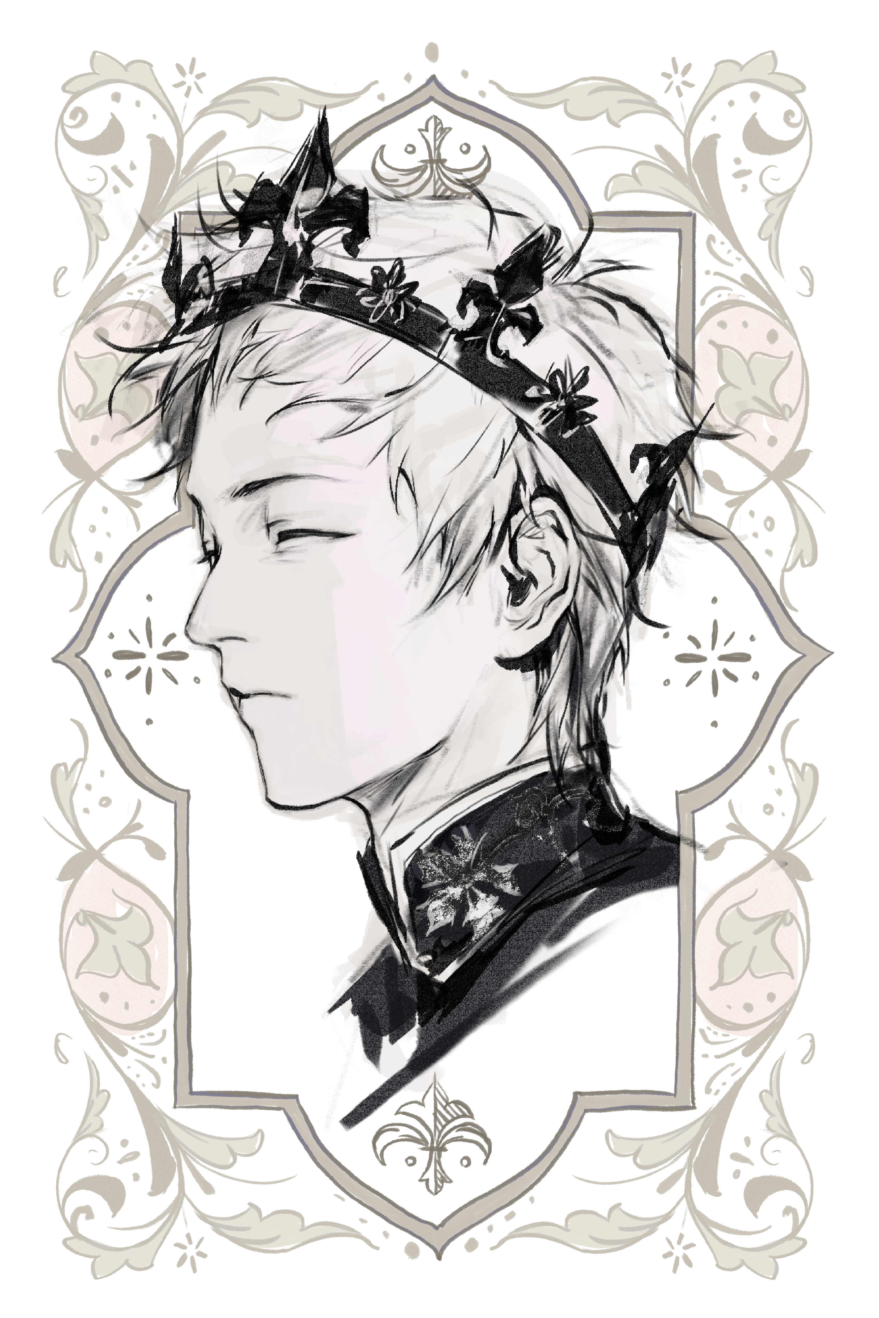 1boy absurdres alternate_costume atou_haruki border chinese_commentary closed_eyes closed_mouth commentary_request cropped_shoulders crown highres male_focus mandarin_collar monochrome ornate_border profile saibou_shinkyoku short_bangs short_hair solo the_crowd wispy_bangs