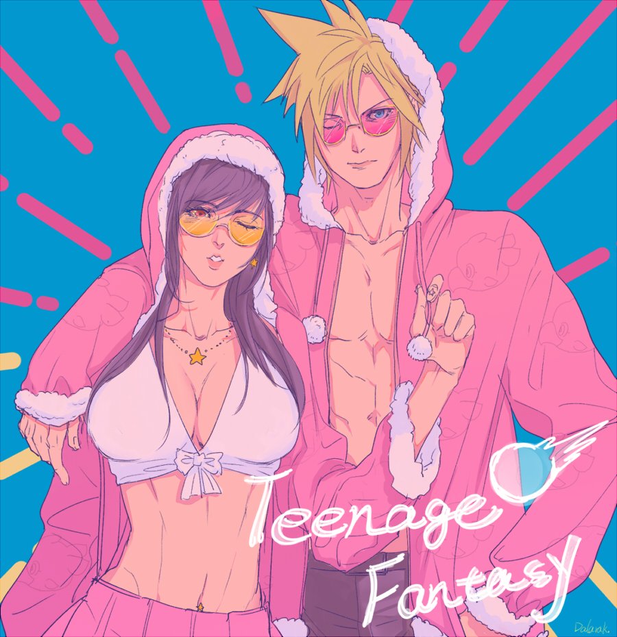1boy 1girl alternate_costume arm_around_shoulder bikini bikini_top_only black_hair blonde_hair blue_eyes breasts chocobo cleavage closed_mouth cloud_strife collarbone commentary couple d_alarak earrings final_fantasy final_fantasy_vii fur-trimmed_hoodie fur_trim height_difference hood hoodie jewelry large_breasts long_hair long_sleeves looking_at_viewer matching_outfits midriff navel navel_piercing necklace one_eye_closed open_clothes open_hoodie parted_lips pectorals piercing pink-tinted_eyewear pink_hoodie pink_lips pink_skirt print_hoodie red_eyes short_hair skirt spiked_hair star_(symbol) star_earrings star_necklace star_piercing sunglasses swimsuit tifa_lockhart tinted_eyewear toned toned_female toned_male upper_body white_bikini yellow-framed_eyewear yellow-tinted_eyewear