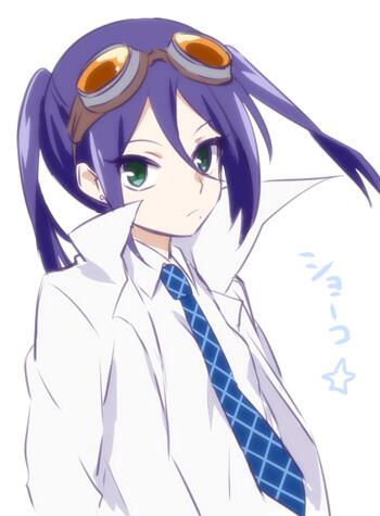 10s 1girl female_focus goggles goggles_on_head green_eyes ica kyousougiga lowres necktie professor_shouko solo twintails