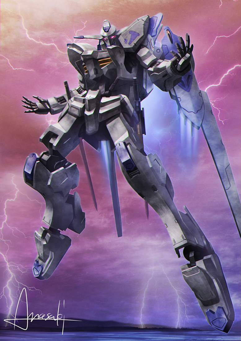 amasaki_yusuke gundam gundam_bael gundam_tekketsu_no_orphans humanoid_robot lightning mecha mechanical_wings mobile_suit no_humans pink_eyes robot science_fiction signature solo thrusters v-fin wings