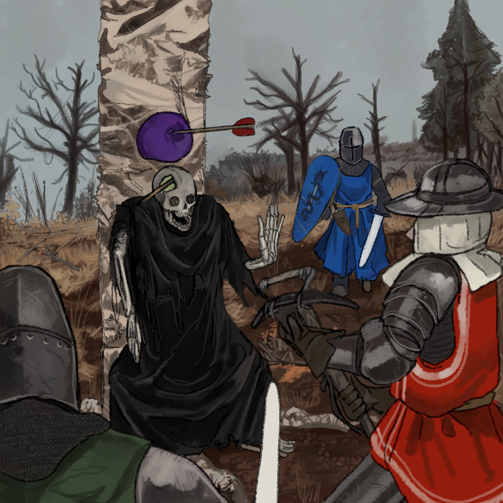 4others armor arrow_(projectile) black_robe blue_tabard bow_(weapon) chainmail crossbow fantasy full_armor great_helm green_tabard kite_shield kkghost_tv medieval multiple_others original plate_armor red_tabard robe shield skeleton surrendering surrounded sword tabard tree weapon