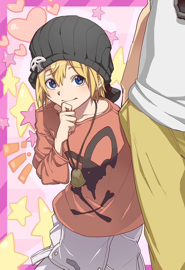 1boy 1girl beanie bell bito_daisukenojo bito_raimu black_hat blonde_hair blue_eyes blush bone_print border brother_and_sister closed_mouth commentary_request hand_in_pocket hand_on_own_chin hat heart jewelry long_sleeves necklace ohji130 outside_border overalls pants pink_background pink_border red_shirt shirt siblings skull_print smile star_(symbol) subarashiki_kono_sekai white_overalls white_shirt yellow_pants