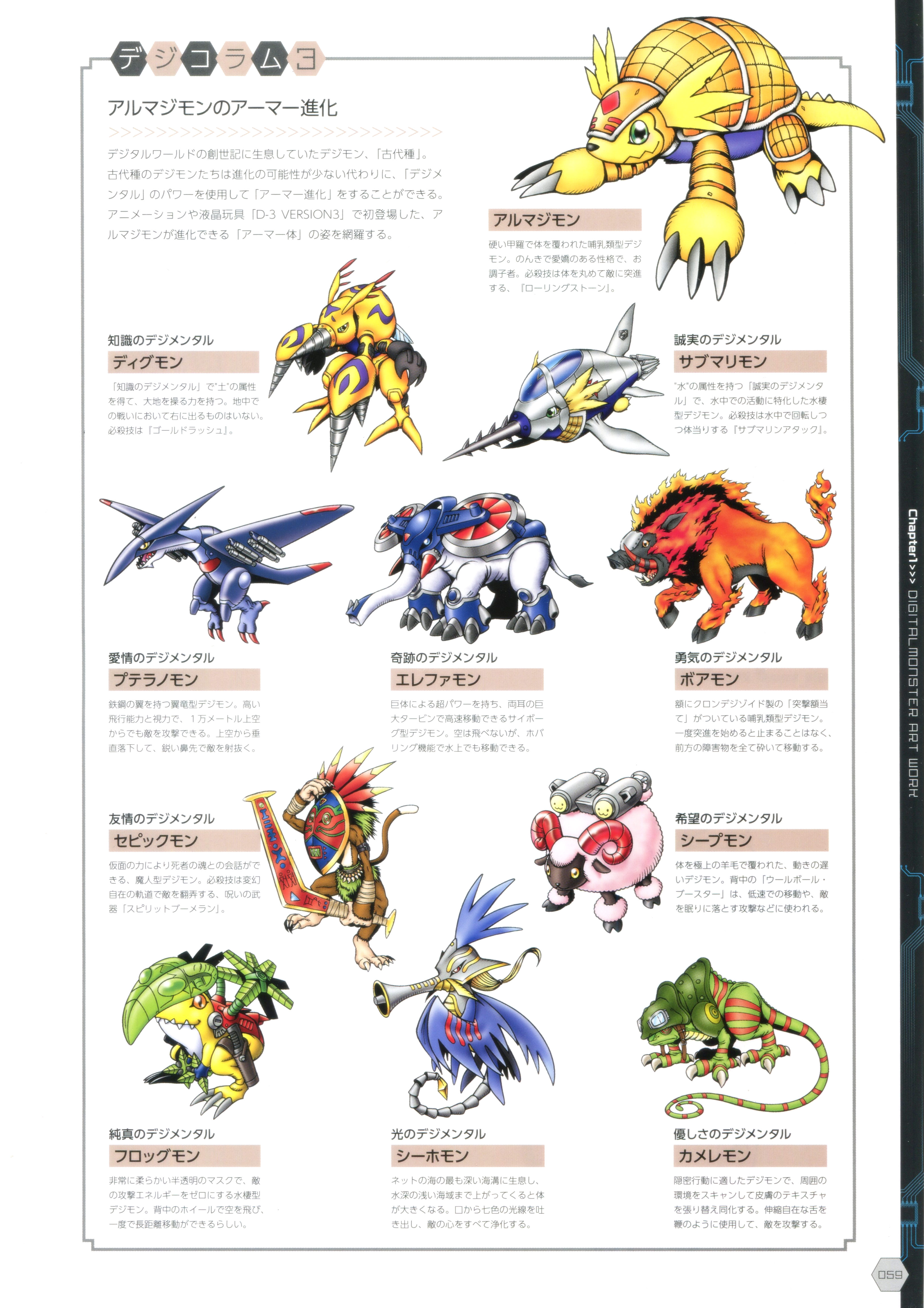 absurdres alternate_form armadimon armor artbook bandai boarmon chamelemon digimon digimon_(creature) digmon elephamon evolutionary_line frogmon highres horns looking_at_viewer looking_to_the_side monster no_humans official_art pteranomon scan seahomon sepikmon sheepmon simple_background submarimon sword translation_request weapon