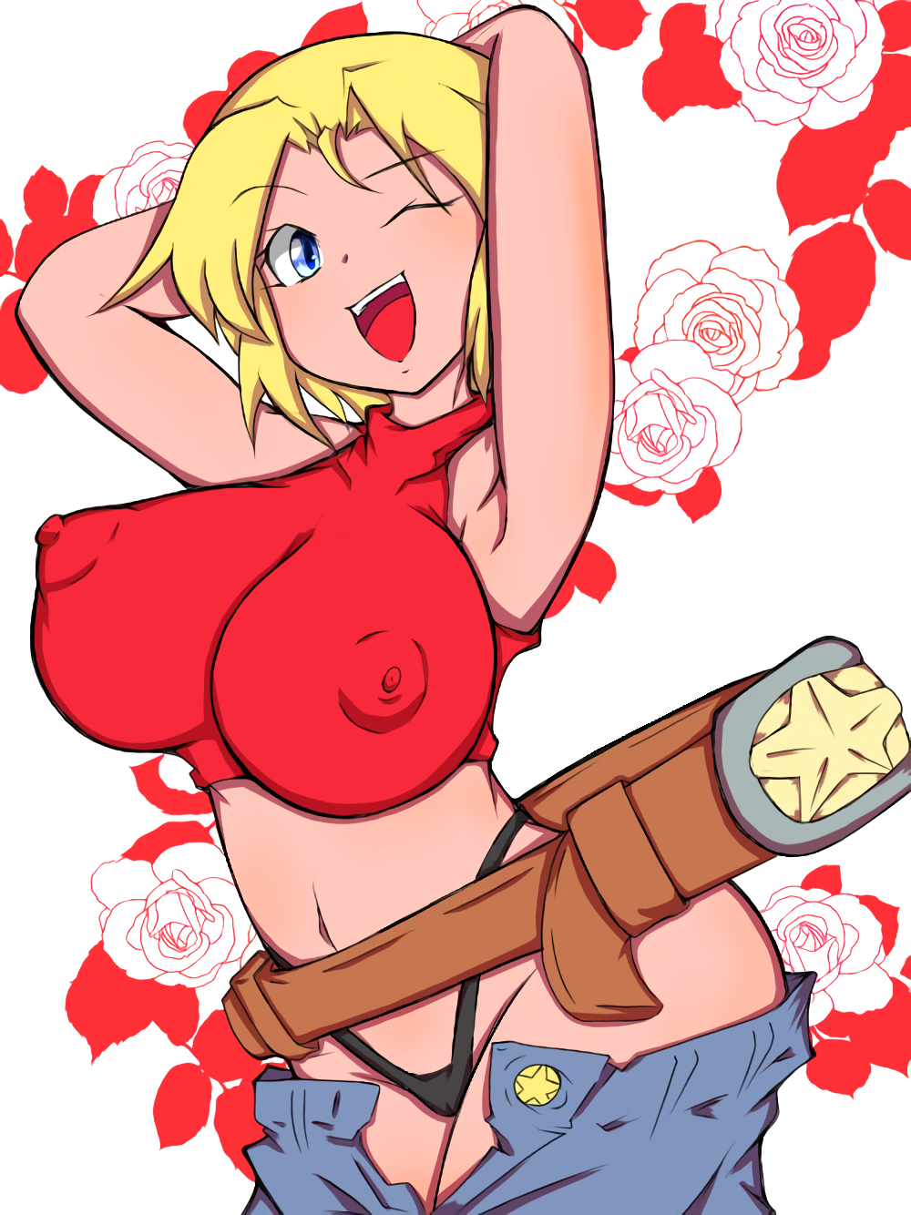1girl armpits arms_behind_head blue_eyes blue_mary breasts cameltoe covered_erect_nipples denim fatal_fury flower highres jeans large_breasts looking_at_viewer midriff navel one_eye_closed open_mouth pants rose smile snk solo teeth the_king_of_fighters thick_thighs thighs thong tongue unbuttoned_pants unzipped unzipped_pants wide_hips wink