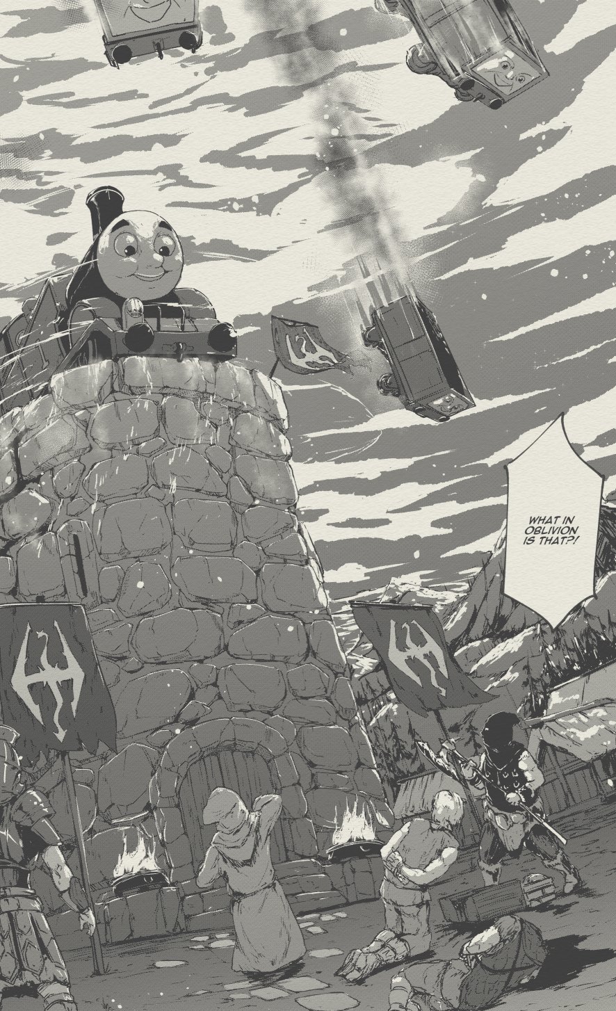 5boys axe banner castle crossover decapitation dovahkiin execution executioner highres holding holding_axe looking_at_another multiple_boys parody speech_bubble the_elder_scrolls the_elder_scrolls_v:_skyrim thomas_the_tank_engine thomas_the_tank_engine_(character) tyrone