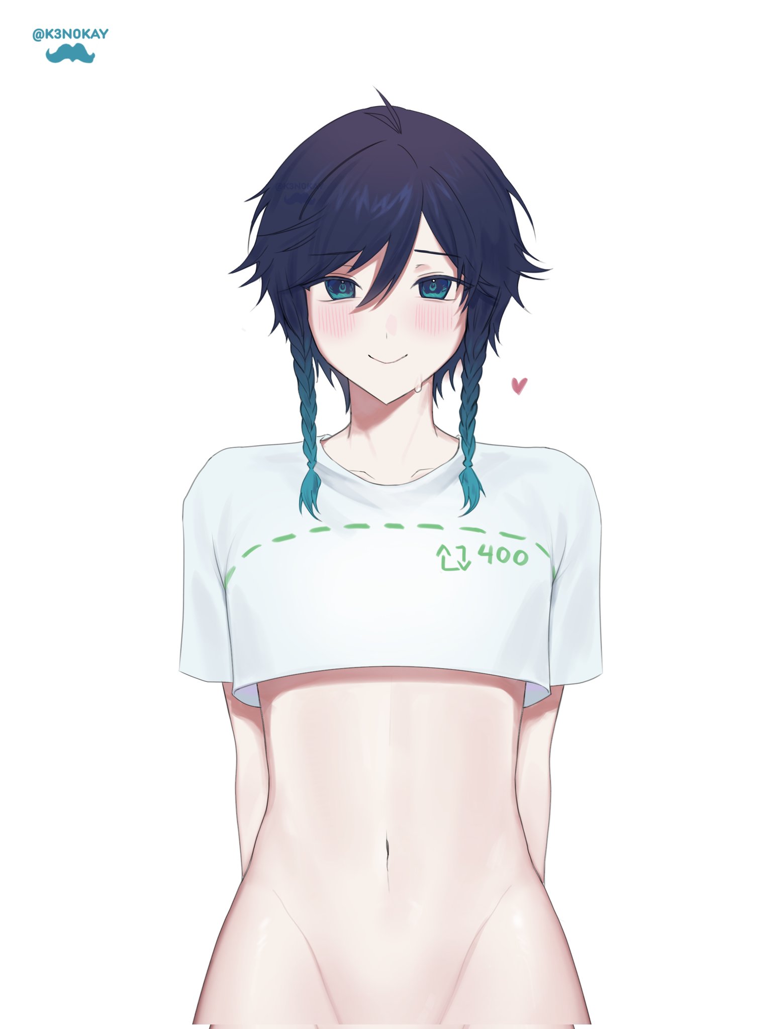 1boy androgynous belly black_hair blue_hair braid cut-here_line genshin_impact gradient_hair highres k3n0kay looking_at_viewer male_focus multicolored_hair short_hair_with_long_locks smile solo trap twin_braids twitter_cutting_game twitter_strip_game twitter_username venti_(genshin_impact) white_background