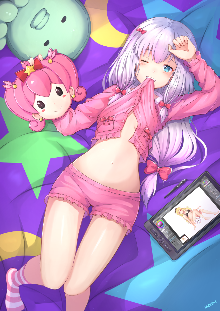 10s 1girl ;) blue_eyes blush bow breasts crossover eromanga_sensei female_focus hair_bow highres hoshikuzu_witch_meruru izumi_sagiri long_hair lying mask meruru_(oreimo) midriff mouth_hold navel on_back one_eye_closed pajamas pink_bow rizihike silver_hair smile socks solo striped_clothes striped_legwear striped_socks stuffed_animal stuffed_octopus stuffed_toy stylus tablet_pc thighs underboob unworn_mask