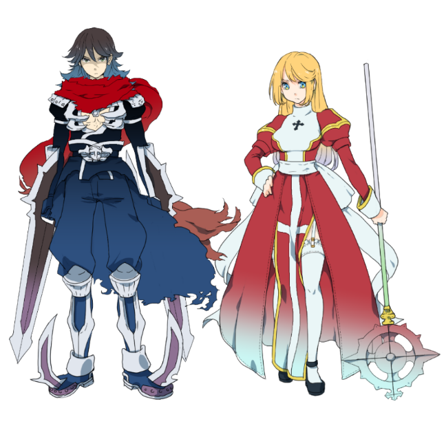 1boy 1girl armor armored_boots assassin_cross_(ragnarok_online) bad_id black_cape black_hair black_pants black_shirt black_shoes blonde_hair boots cape closed_mouth commentary_request dagger dress eremes_guile frilled_thighhighs frills frown full_body garter_straps green_eyes high_priest_(ragnarok_online) holding holding_dagger holding_knife holding_staff holding_weapon jamadhar juliet_sleeves knife lala_(sputnik) long_hair long_sleeves looking_at_viewer margaretha_sorin pants pauldrons puffy_sleeves ragnarok_online red_dress red_scarf sash scarf shirt shoes shoulder_armor simple_background skull staff swept_bangs thighhighs torn_cape torn_clothes torn_scarf transparent_background two-tone_dress underlighting vambraces waist_cape weapon white_dress white_sash white_thighhighs