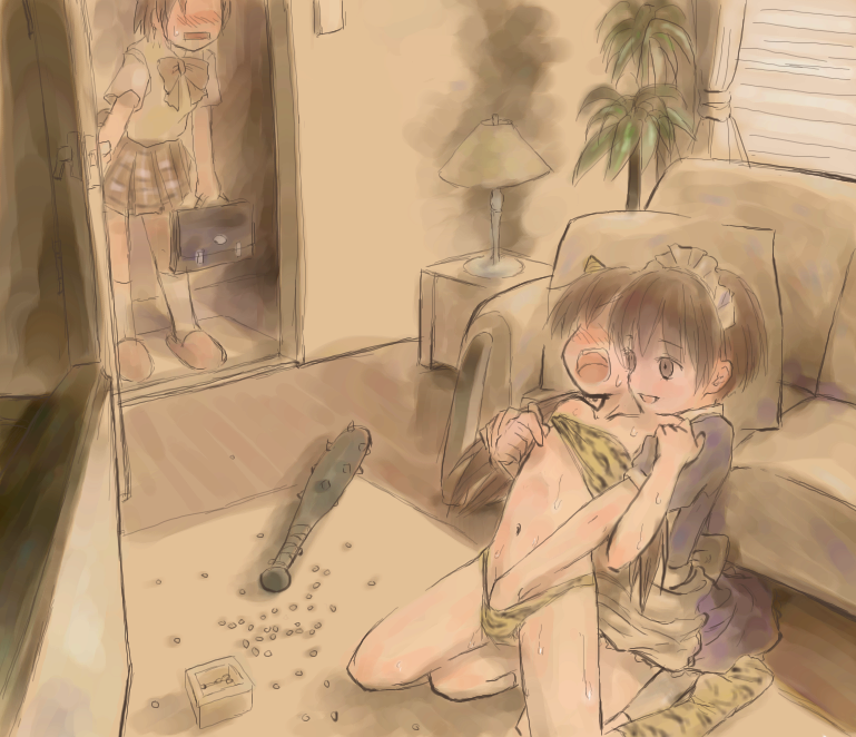 1boy 2girls animal_print bag beans bikini bikini_top_lift blush brother_and_sister brown_eyes brown_hair caught clothed_sex clothes_lift commentary_request cone_horns cosplay couch crossdressing door embarrassed faceless faceless_female fake_horns flat_chest fumei_(nijiura_maids) futaba_channel hand_under_bikini hand_under_clothes hetero hidoi horns incest indoors kneeling long_hair lum maid maid_headdress matching_hair/eyes miniskirt mugoi mugoi-san mugoi_(nijiura_maids) multiple_girls nijiura_maids nipple_stimulation nipple_tweak on_floor plant pleated_skirt potted_plant school_bag school_uniform short_hair short_sleeves siblings skirt slippers socks spiked_bat strapless strapless_bikini sweat sweatdrop swimsuit television tiger_print twintails urusei_yatsura voidasterisk walk-in window
