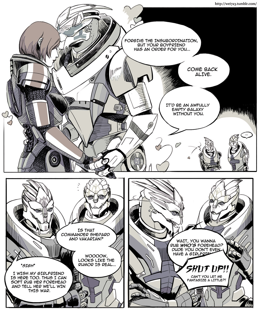 comic commander_shepard commander_shepard_(female) couple english_text garrus_vakarian greyscale hand_on_another&#039;s_waist heart highres kiss kissing_forehead mass_effect_(series) monochrome n7_armor nuzzle speech_bubble tumblr tumblr_username turian wei white_background