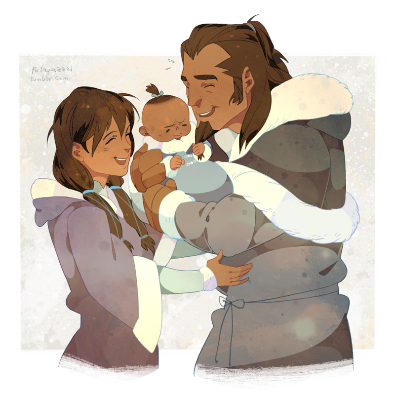 1boy 2girls avatar_legends baby brown_hair carrying_baby carrying_person cloak closed_eyes dark-skinned_female dark-skinned_male dark_skin facial_hair fur-trimmed_cloak fur-trimmed_hood fur-trimmed_sleeves fur_trim goatee hood husband_and_wife isist korra long_hair medium_hair multiple_girls ponytail senna_(the_legend_of_korra) signature the_legend_of_korra tonraq_(avatar) topknot twintails winter_clothes