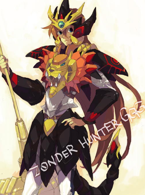1boy armor blue_eyes brown_hair capcom cosplay ebira gaogaigar genesic_gaogaigar goldion_hammer hammer hand_on_own_hip long_hair male_focus monster_hunter_(series) orange_hair parody shishiou_gai smile solo yuusha_ou_gaogaigar yuusha_series