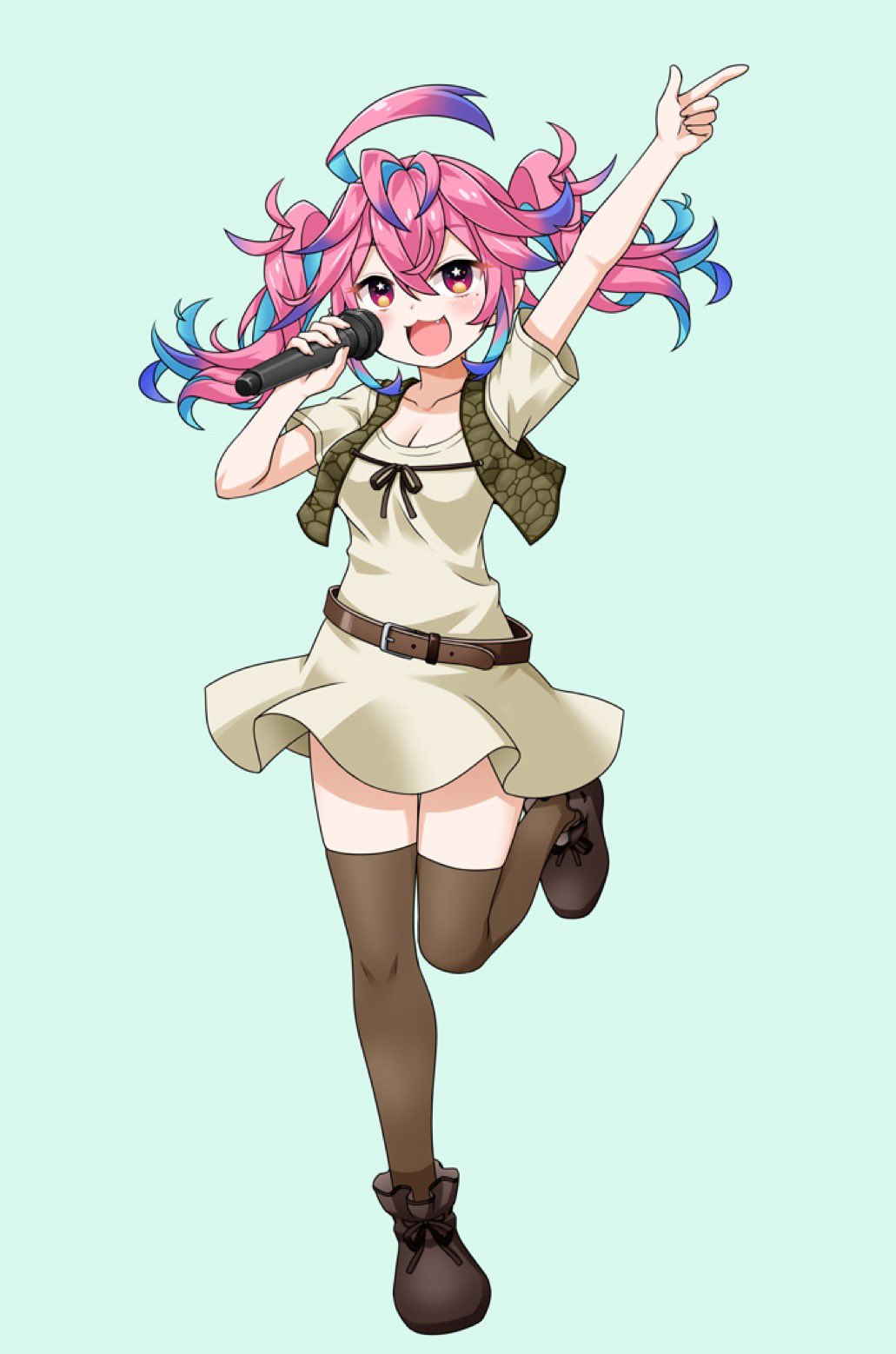 1girl :d ahoge akou_roushi alternate_costume belt blush breasts brown_belt brown_footwear brown_thighhighs collarbone colored_inner_hair cosplay dress gradient_hair green_background hair_between_eyes highres holding holding_microphone medium_breasts microphone multicolored_hair nebi_nebu open_mouth pink_hair pixellink purple_hair red_eyes shrek shrek_(cosplay) shrek_(series) smile solo standing standing_on_one_leg star_(symbol) star_in_eye symbol_in_eye thighhighs tongue virtual_youtuber white_dress