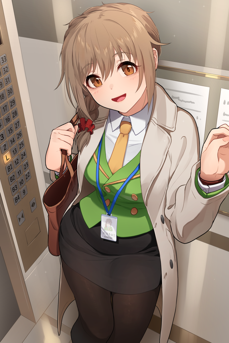 1girl bag bags_under_eyes beige_coat beige_jacket black_pantyhose black_skirt blush braid breasts brown_eyes brown_hair buttons coat collared_shirt commentary_request elevator green_vest hair_ornament hair_scrunchie hand_up handbag id_card idolmaster idolmaster_cinderella_girls jacket kamille_(vcx68) lanyard long_hair looking_at_viewer medium_breasts necktie office_lady open_mouth pantyhose pencil_skirt push-button scrunchie senkawa_chihiro shirt side_braid skirt smile solo trench_coat vest white_shirt