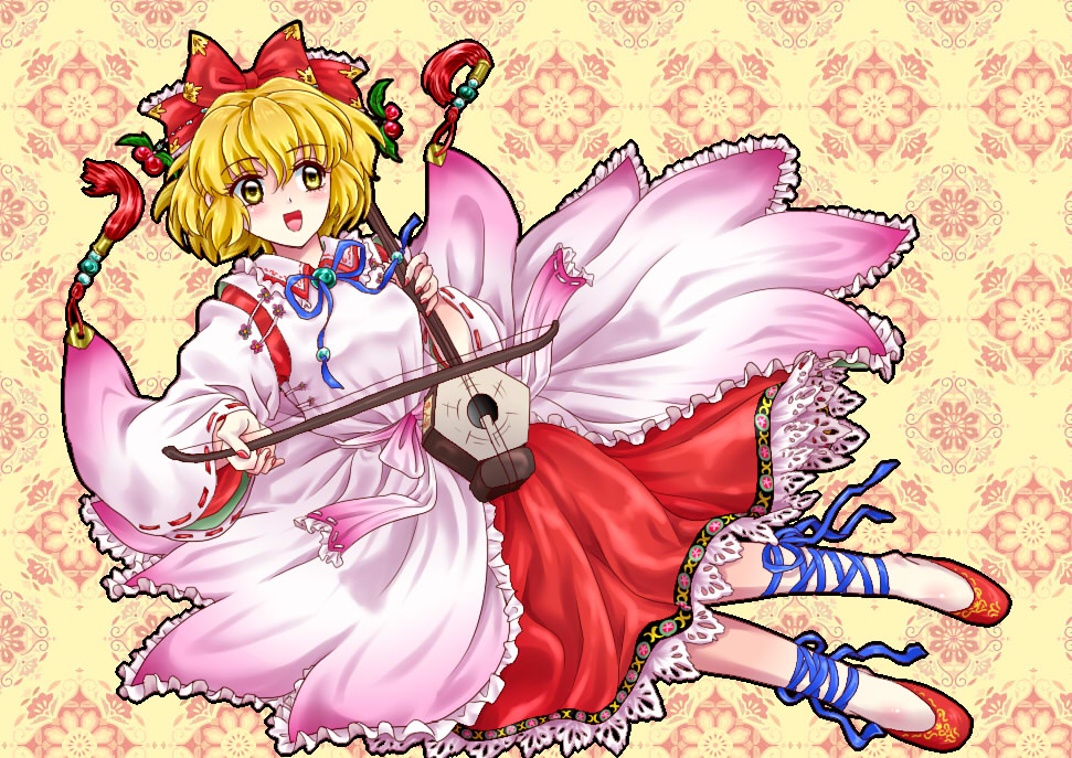 1girl :d adapted_costume blonde_hair blue_ribbon blush bow bow_(music) breasts detached_sleeves erhu flats frilled_skirt frills hair_bow holding holding_bow_(music) instrument japanese_clothes kariginu leg_ribbon long_sleeves medium_breasts music myouga_teien open_mouth playing_instrument red_bow red_footwear red_skirt ribbon satsuki_rin shirt short_hair skirt smile solo touhou white_shirt wide_sleeves yellow_eyes