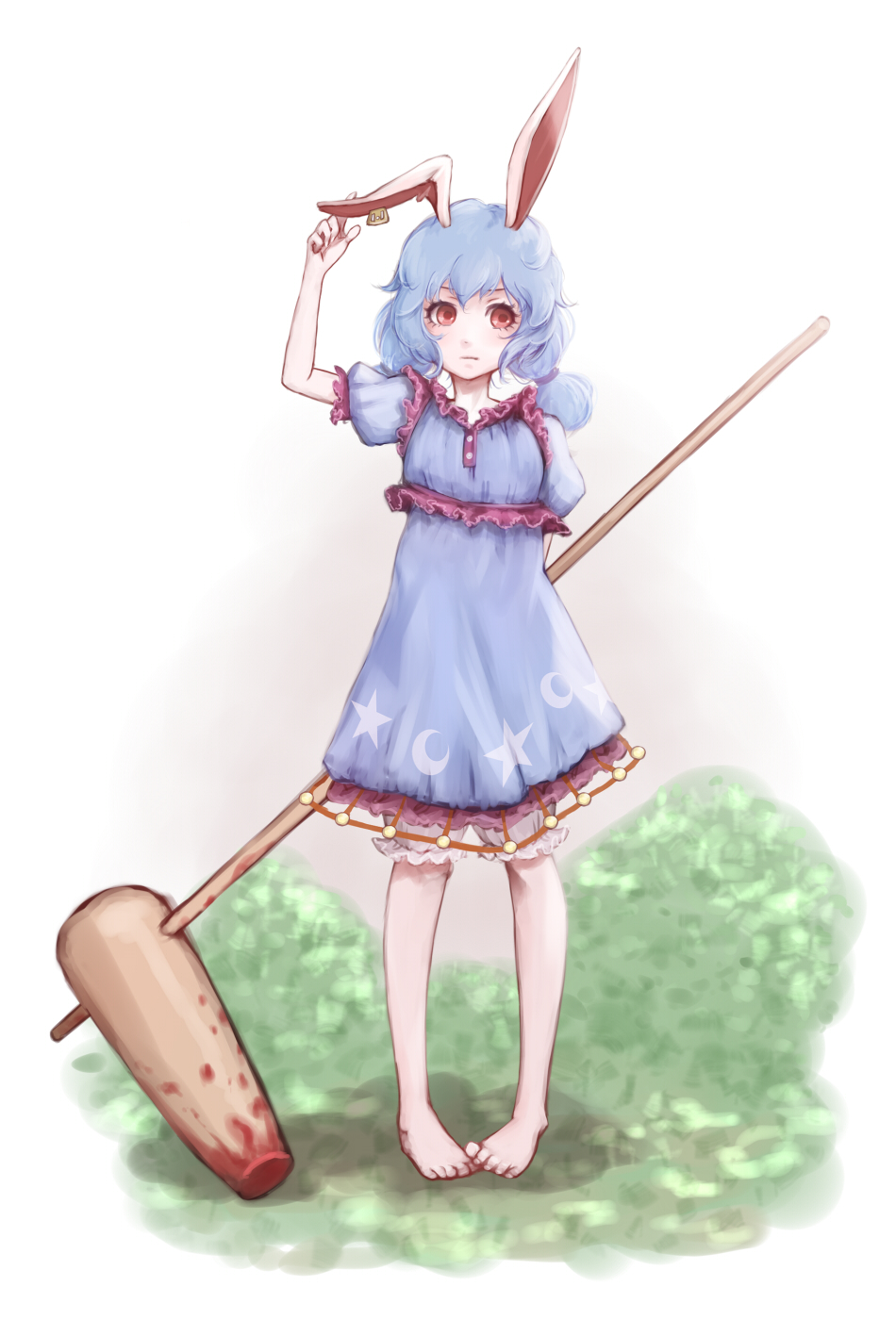 1girl ambiguous_red_liquid animal_ears barefoot blood bloomers blue_hair crescent dress ear_tag earclip female_focus full_body highres hoshibuchi kine mallet puffy_short_sleeves puffy_sleeves rabbit_ears red_eyes seiran_(touhou) short_hair short_sleeves simple_background solo stain star_(symbol) touhou underwear white_background