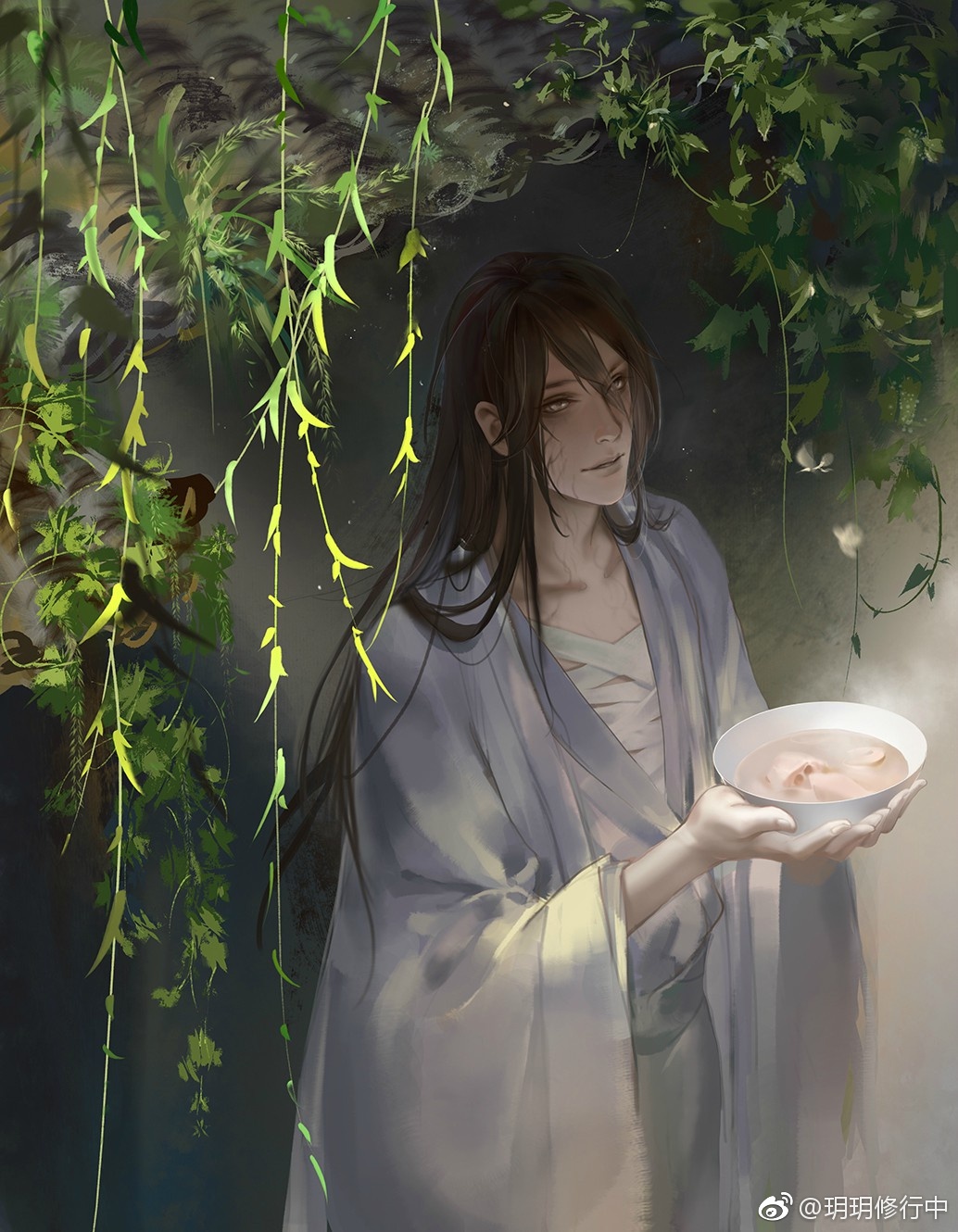 1boy bandaged_chest black_hair bowl chinese_clothes chinese_commentary cowboy_shot foliage food grey_eyes grey_hanfu hanfu highres holding holding_bowl long_hair long_sleeves looking_up male_focus modao_zushi smile solo soup steam thatched_roof veiny_face veiny_neck wen_ning wide_sleeves yueyuexiuxingzhong