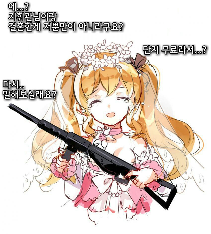 1girl :d black_ribbon blonde_hair breasts bridal_veil choker cleavage closed_eyes dress facing_viewer false_smile finger_on_trigger girls&#039;_frontline gun hair_between_eyes hair_ribbon head_wreath holding holding_gun holding_weapon korean_text long_hair medium_breasts official_alternate_costume open_mouth pink_choker pink_dress ribbon simple_background smile solo sten_gun sten_mkii_(girls&#039;_frontline) sten_mkii_(reciprocated_love)_(girls&#039;_frontline) tears translation_request twintails upper_body veil weapon wedding_dress white_background zhenming