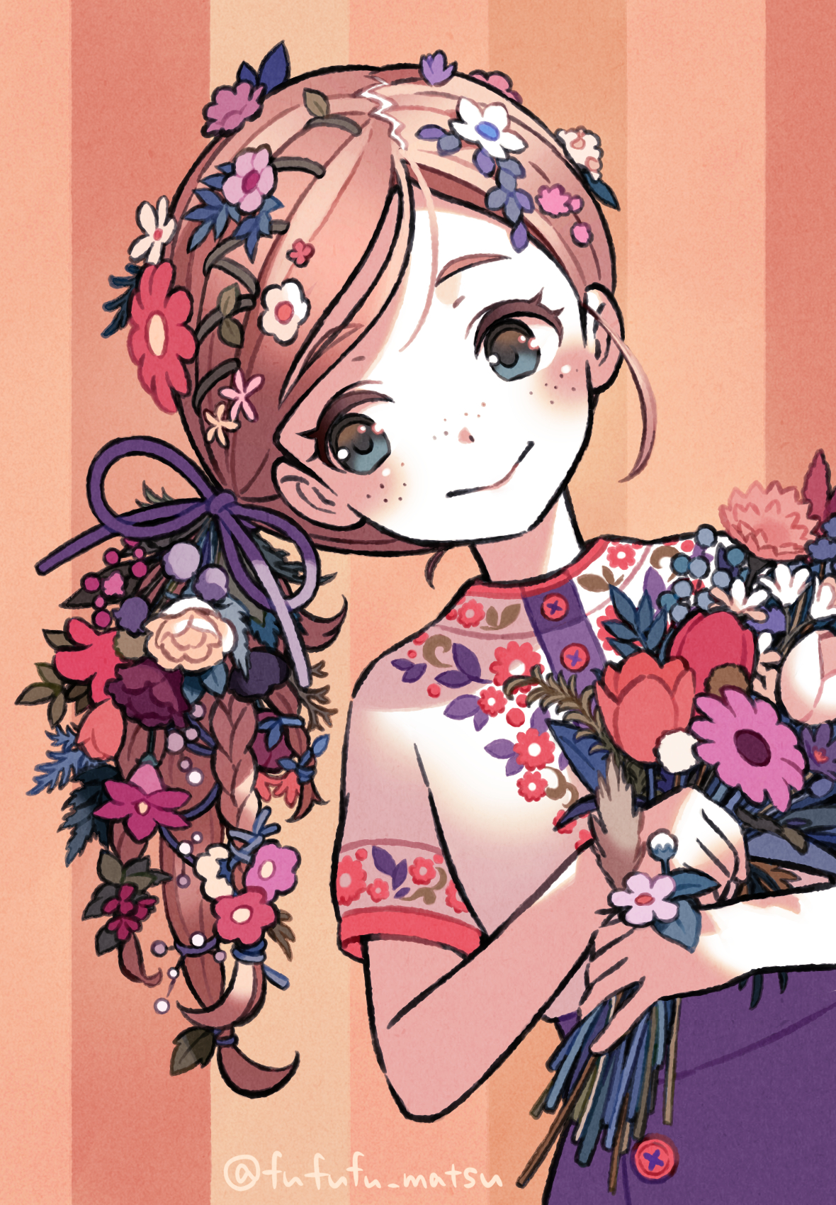 1girl :&gt; blush bouquet closed_mouth eyelashes flower freckles funuyu highres holding holding_bouquet long_hair original pink_flower red_flower shirt side_ponytail smile solo white_flower white_shirt