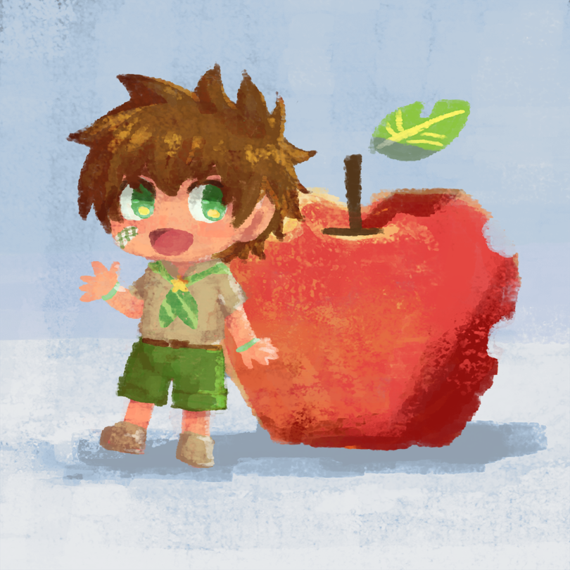 1boy apple ascot bandaid bandaid_on_cheek bandaid_on_face blue_background bracelet brown_hair brown_shoes camp_buddy chibi cseighteen food fruit green_ascot green_eyes green_shorts grey_shirt jewelry looking_at_viewer male_focus minimized nagame_keitaro open_mouth shadow shirt shoes short_hair shorts solo tongue waving