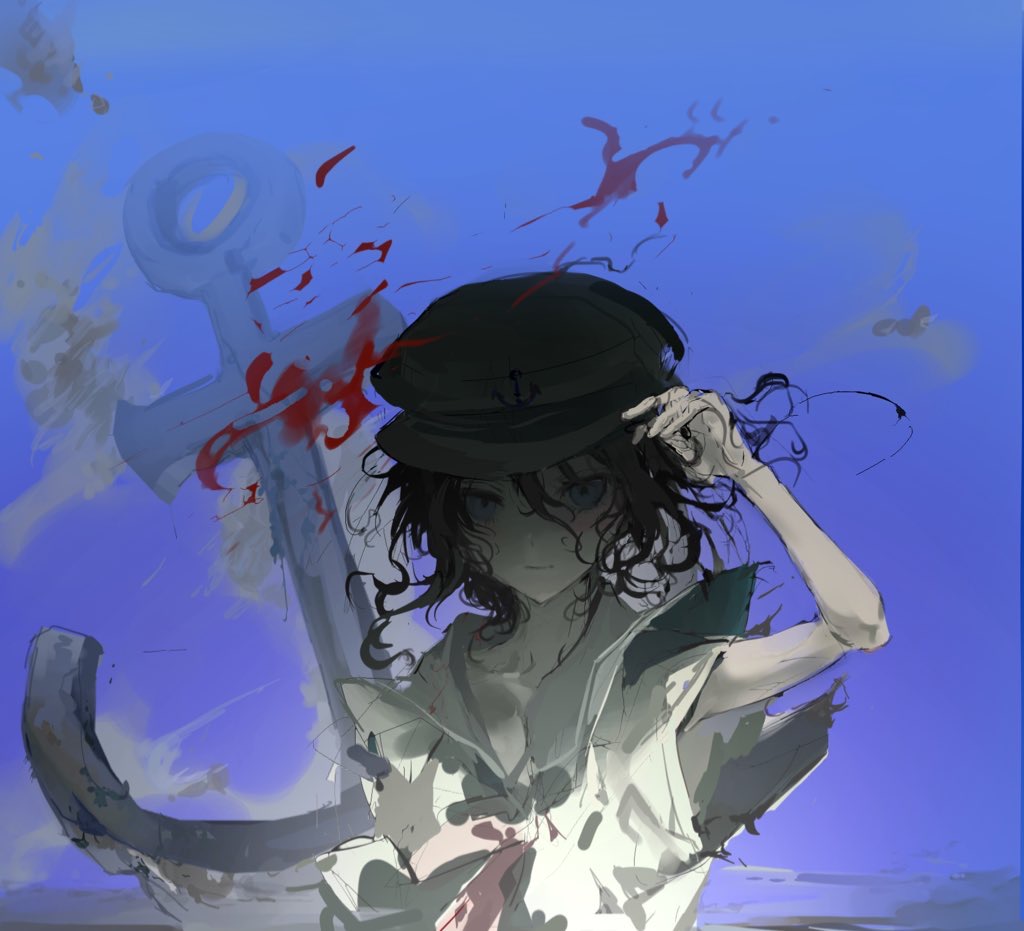 1girl anchor anchor_hat_ornament black_hair blood blood_in_water blue_background blue_eyes closed_mouth expressionless hat hat_ornament looking_at_viewer medium_hair murasa_minamitsu pale_skin sesmkun shirt short_sleeves solo touhou underwater upper_body white_shirt