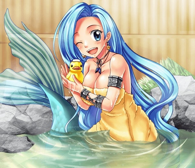 1girl black_hair blue_eyes breasts celia_(rave) cleavage groove_adventure_rave jewelry large_breasts long_hair looking_at_viewer mermaid mermaid_tail mermaid_transformation monster_girl navel necklace official_art rave_(manga)